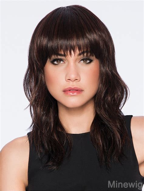 dark brown wig bangs|medium length wigs with bangs.